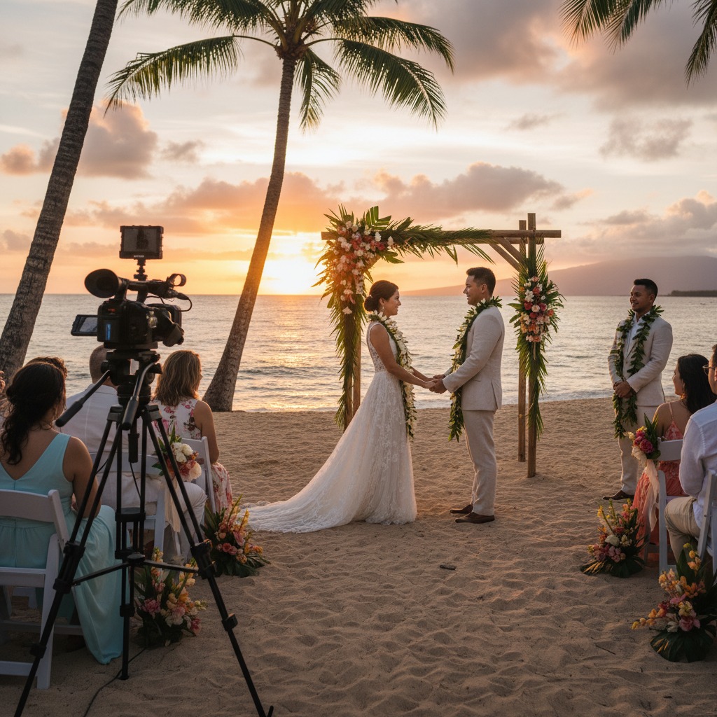 an outdoor wedding in hawaii featuring the bride and groom and a video camera on a tripod